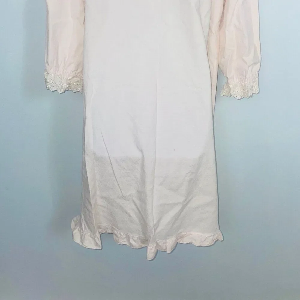 Vintage Womens M Nightgown Pink Ruffled Long Sleeve Modest Prairie